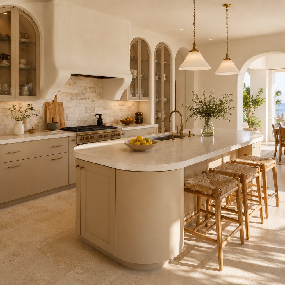 Arched Gathering Custom Kitchen Cabinets with a Rounded Cream Social Island
