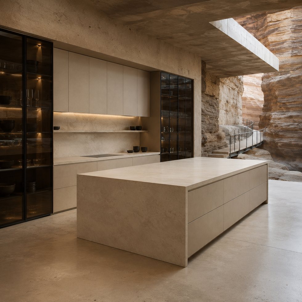 Architectural Stone Accent Custom Kitchen Cabinets with Monolithic Island
