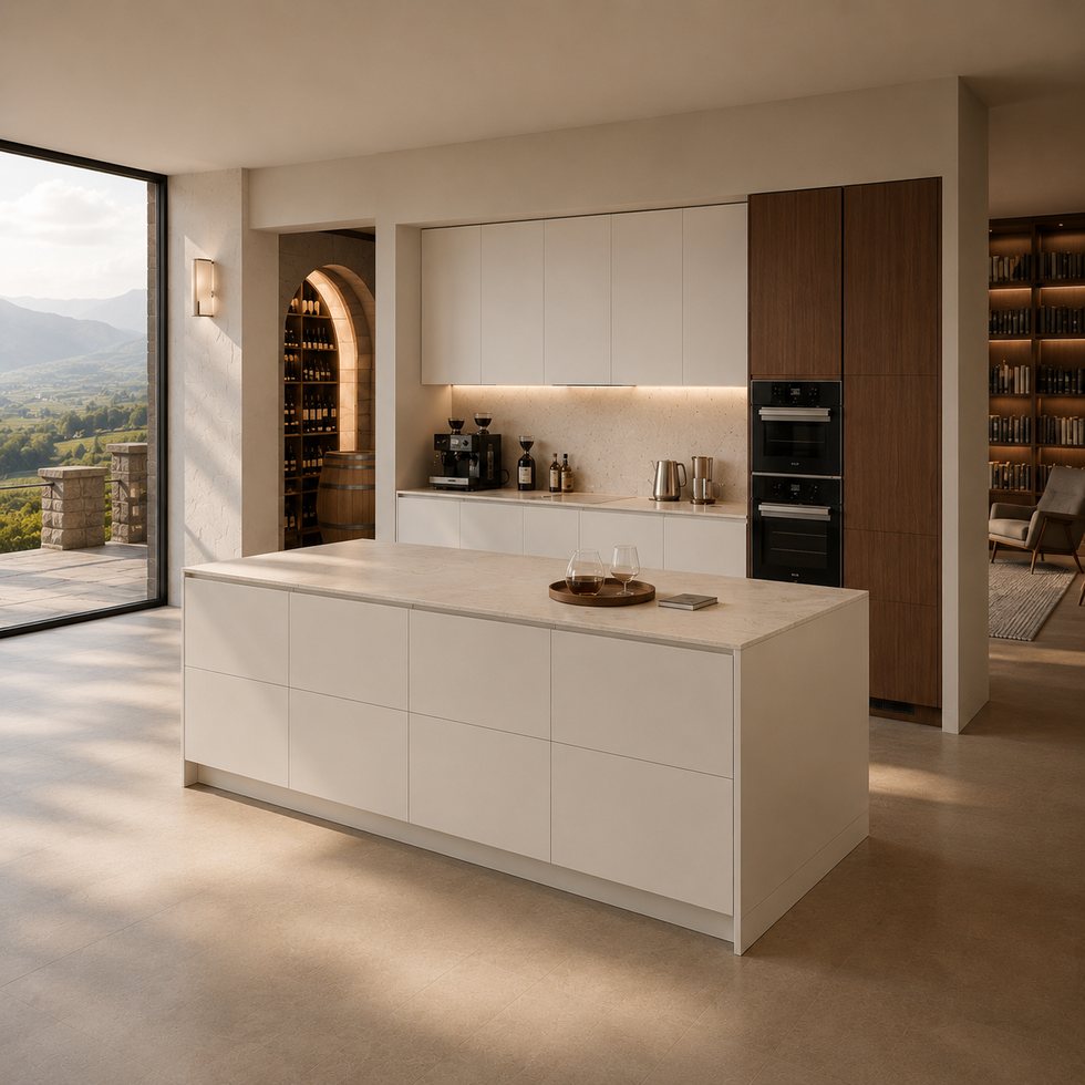Archway Coffee Niche Custom Kitchen Cabinets with a Cream Framed Island
