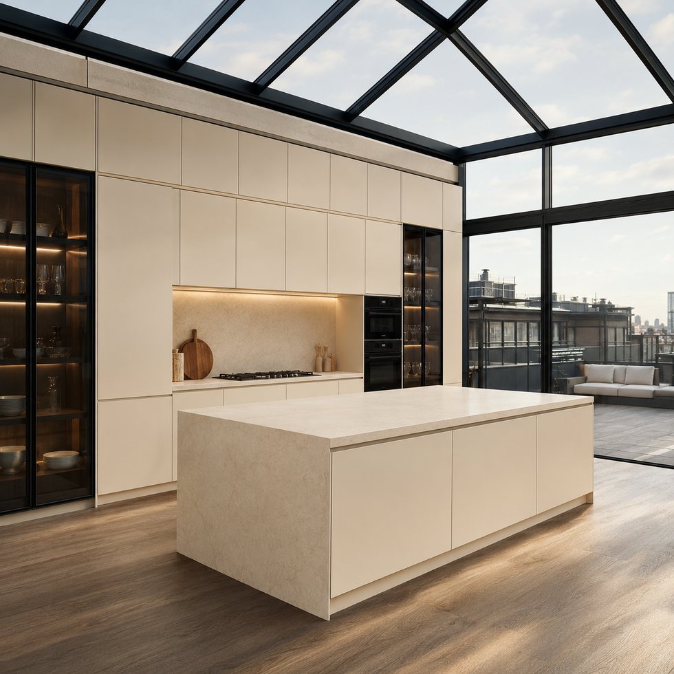 Atrium White Custom Kitchen Cabinets with Framed Glass Display Pantry