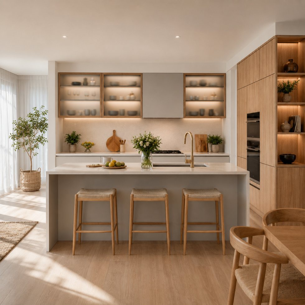 Balanced Display Wall Custom Kitchen Cabinets with a White Serving Island