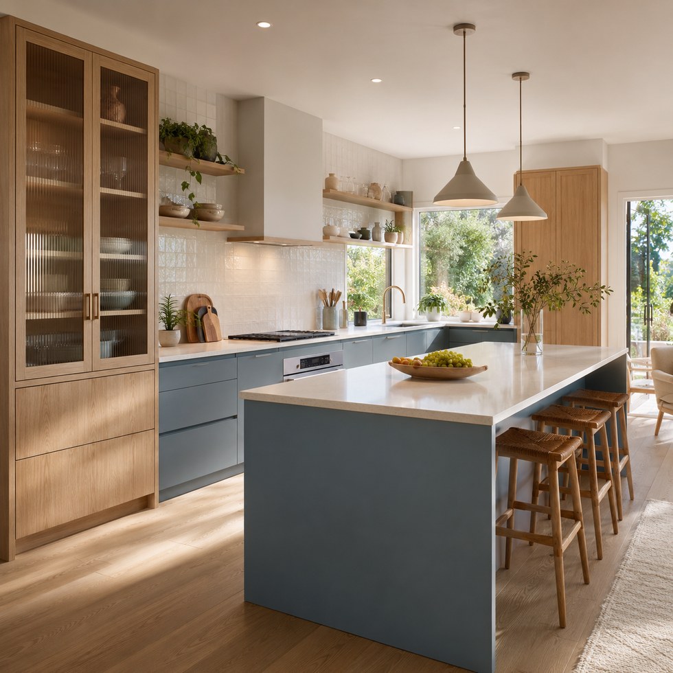 Blue Gray Kitchen Cabinets with Wood-Look Tall Storage and Island Seating