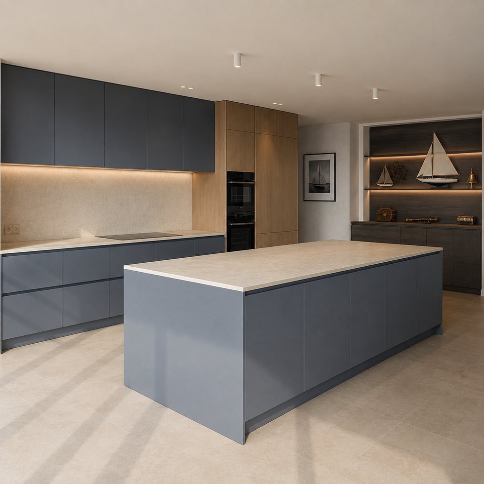 Blue-Gray Peninsula Island Custom Kitchen Cabinets with Oak-Toned Appliance Bank