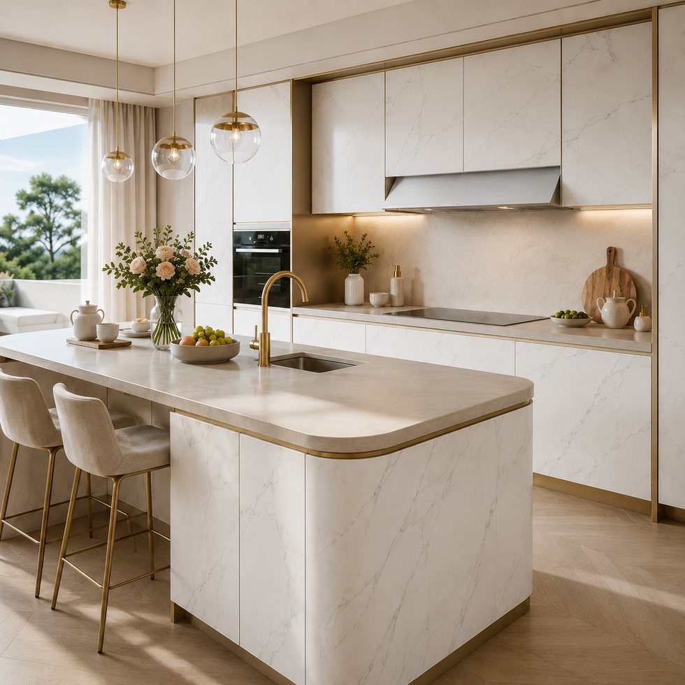 Brass-Outlined Marble-Look Custom Kitchen Cabinets with Soft-Edge Island