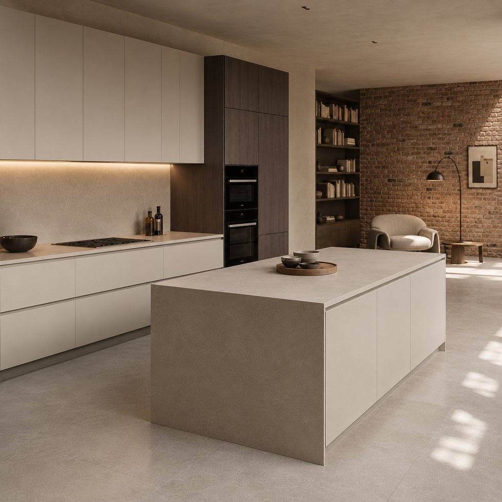 Brick Accent Kitchen Custom Kitchen Cabinets with a Sculpted Taupe Island