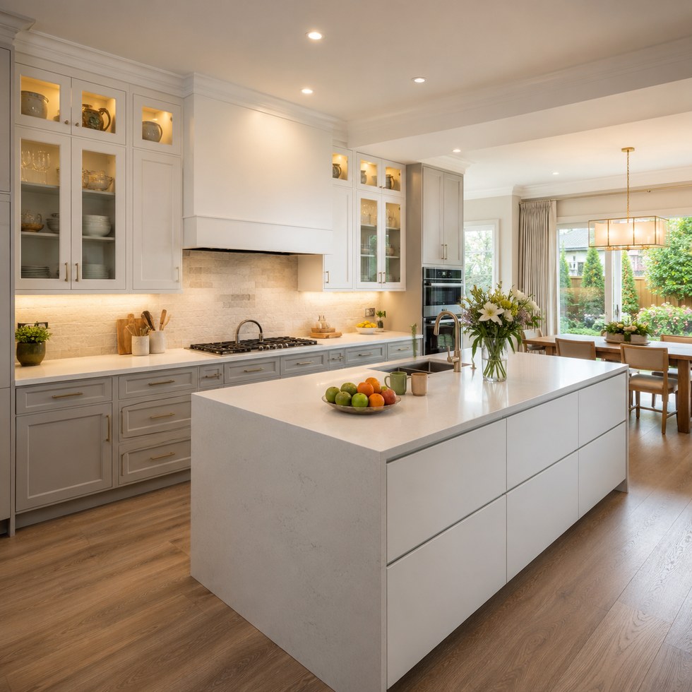 Bright White Shaker Kitchen Cabinets With Glass Display Uppers and Island Layout