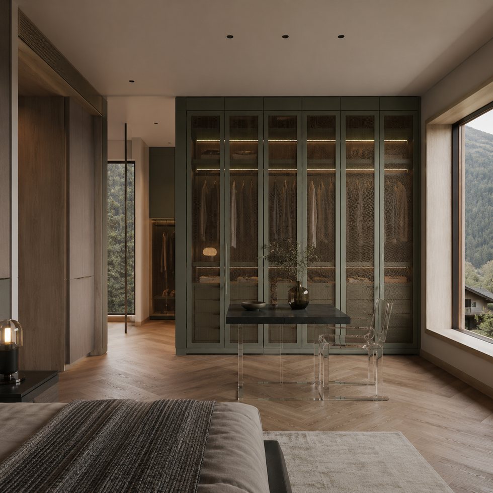 Bronze Grid Custom Walk-In Closet Wardrobe with Glass Showcase Doors and Viewing-Axis Layout