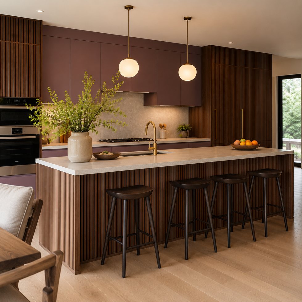 Bronze Pendant Slat-Island Custom Kitchen Cabinets for Open Dining