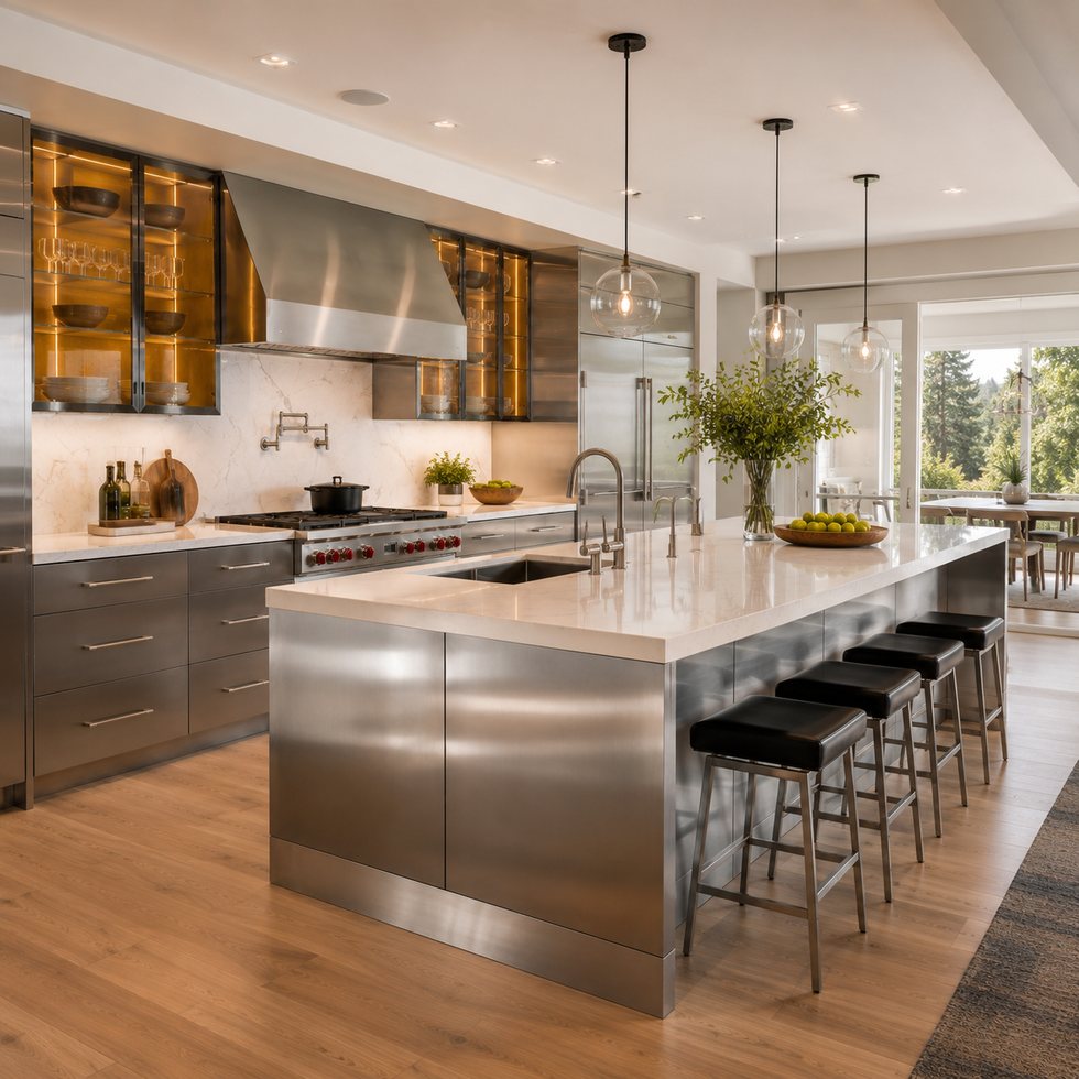 Brushed-Metal Work Island Custom Kitchen Cabinets with Gallery Storage