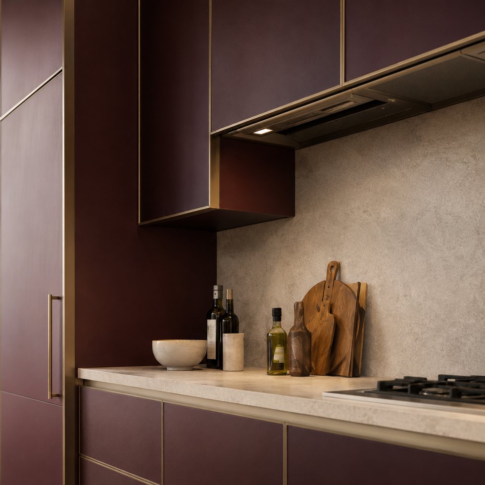 Burgundy Accent Custom Kitchen Cabinets with a Brass-Outline Upper Wall