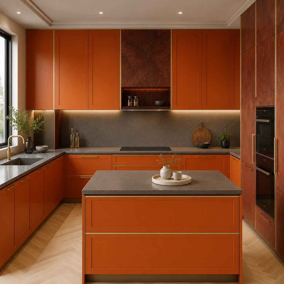 Burnt Orange U-Shaped Kitchen Cabinets with Island