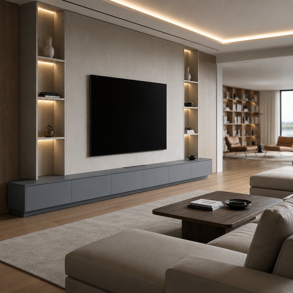 Ceiling-Glow Custom TV Wall Panel Cabinet with Twin Lit Display Columns and Slate Console