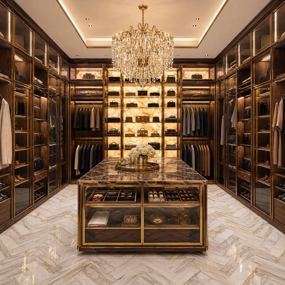 Chandelier Dressing Gallery Custom Walk-In Closet Wardrobe with Symmetrical Cabinets and Center Island