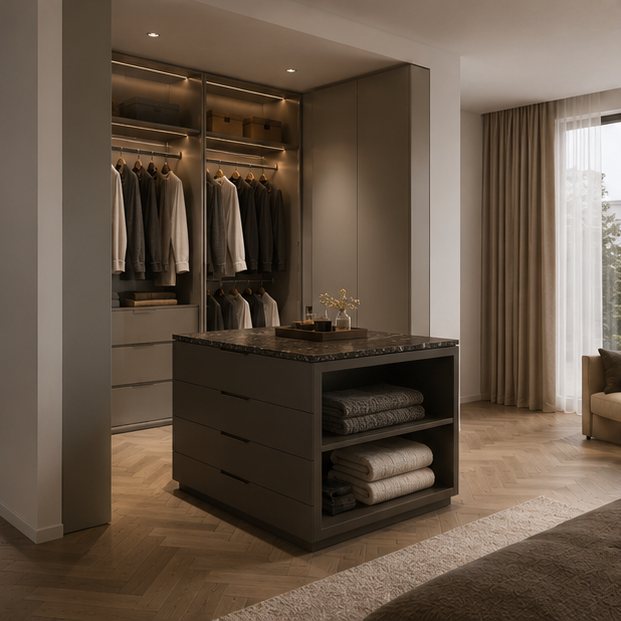 Charcoal Island Custom Walk-In Closet Wardrobe with Open Folded-Textile Cubbies