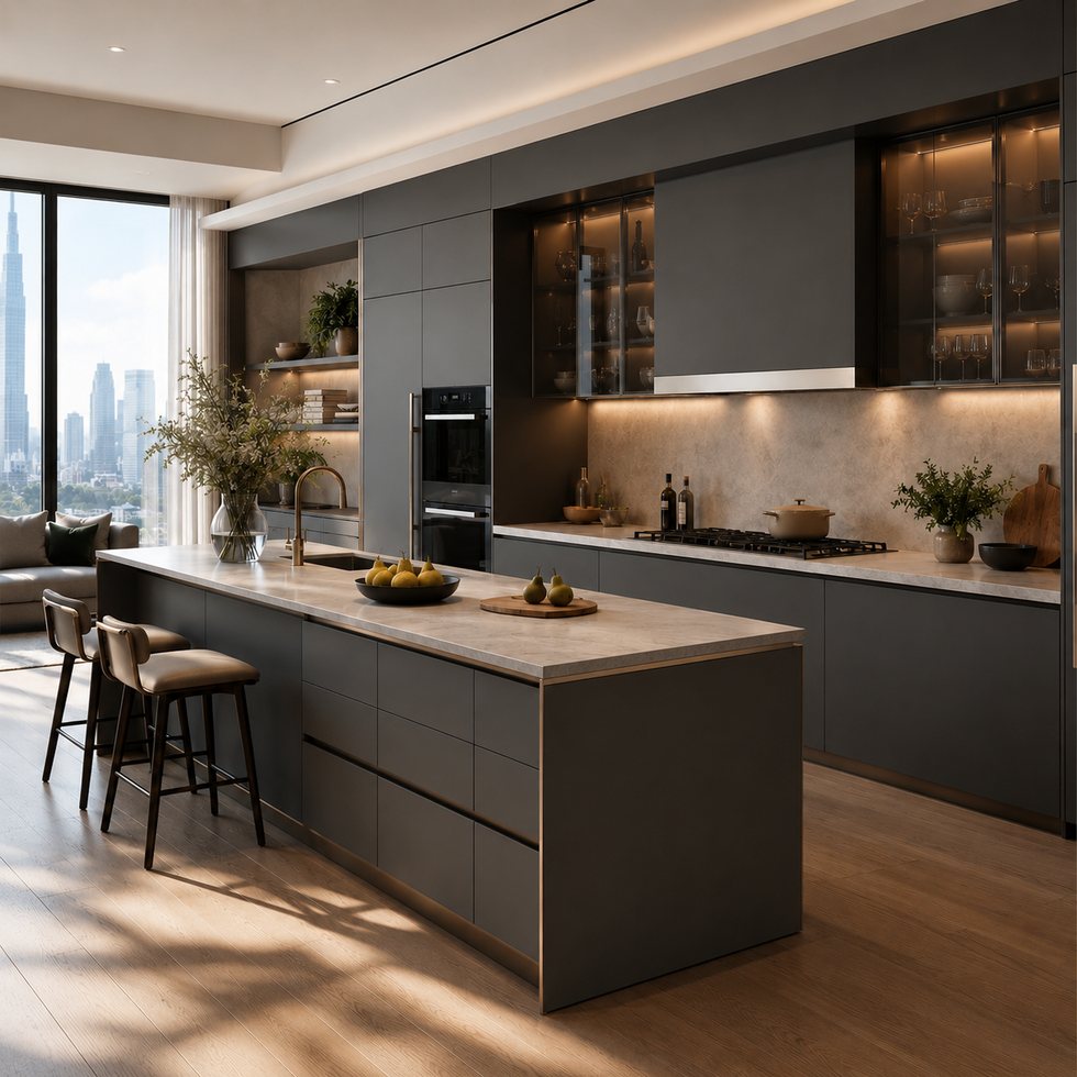 Charcoal Linear Custom Kitchen Cabinets with a Layered Display Backdrop