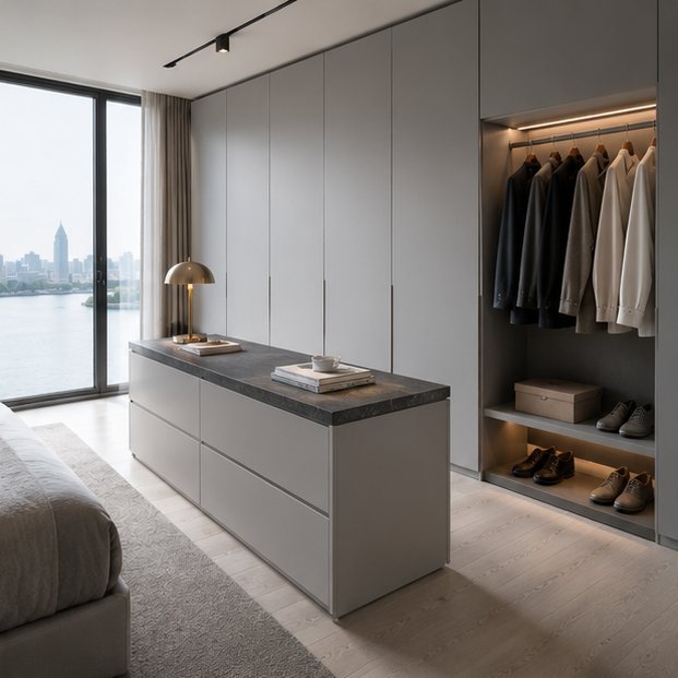 City-View Matte Gray Custom Walk-In Closet Wardrobe with Bedside Island and Open Display Bay
