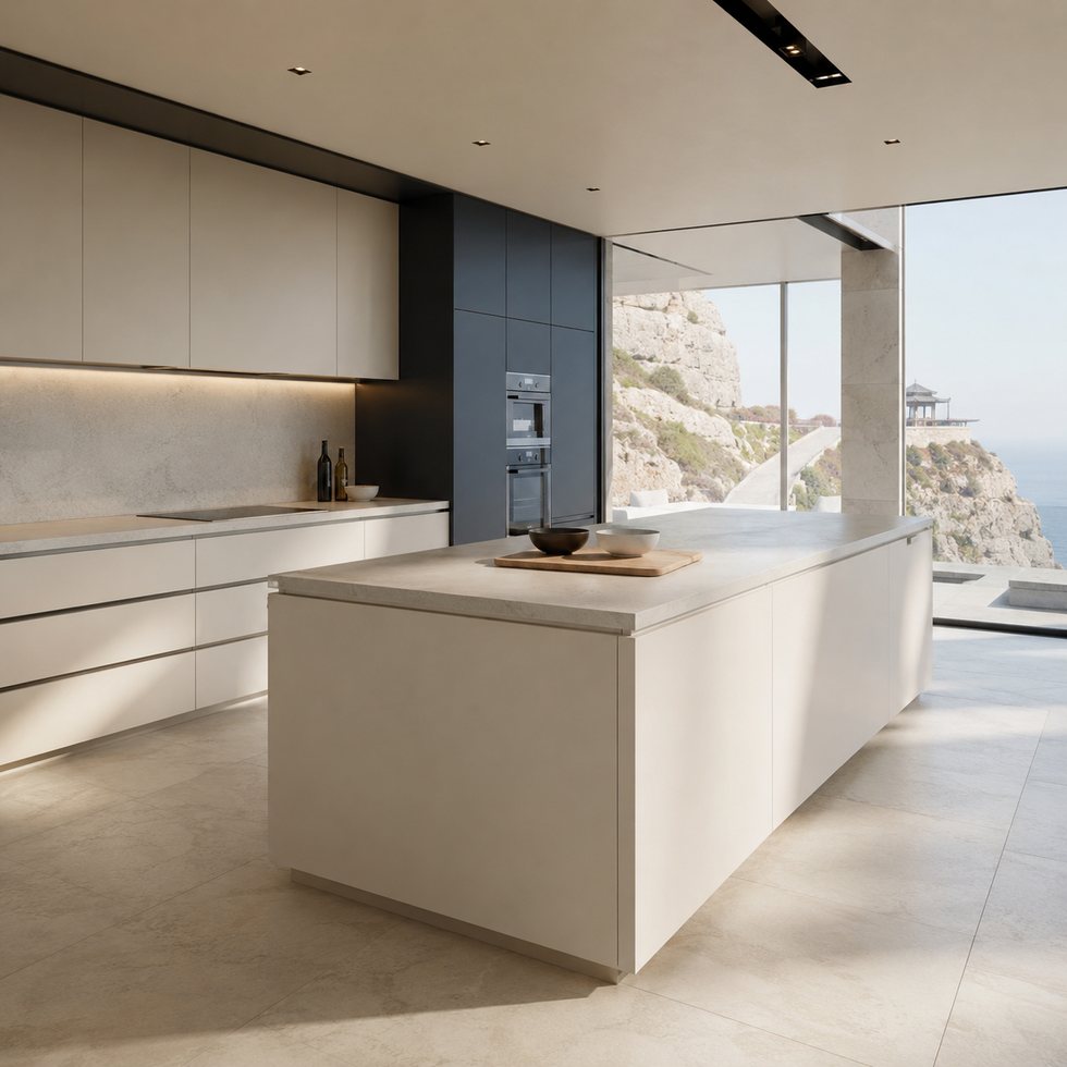 Cliffside White Island Custom Kitchen Cabinets with Deep Blue Storage Portal