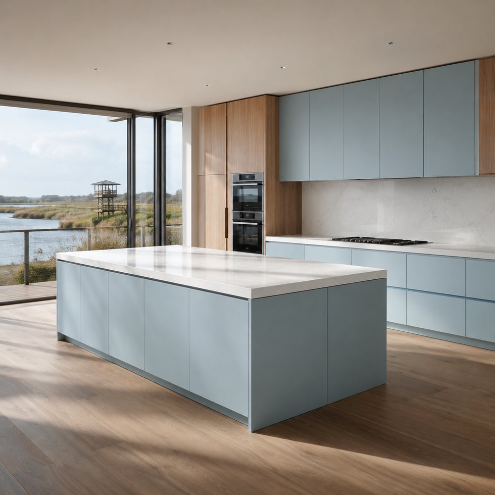 Coastal Blue-Green Custom Kitchen Cabinets with Window-Facing Island