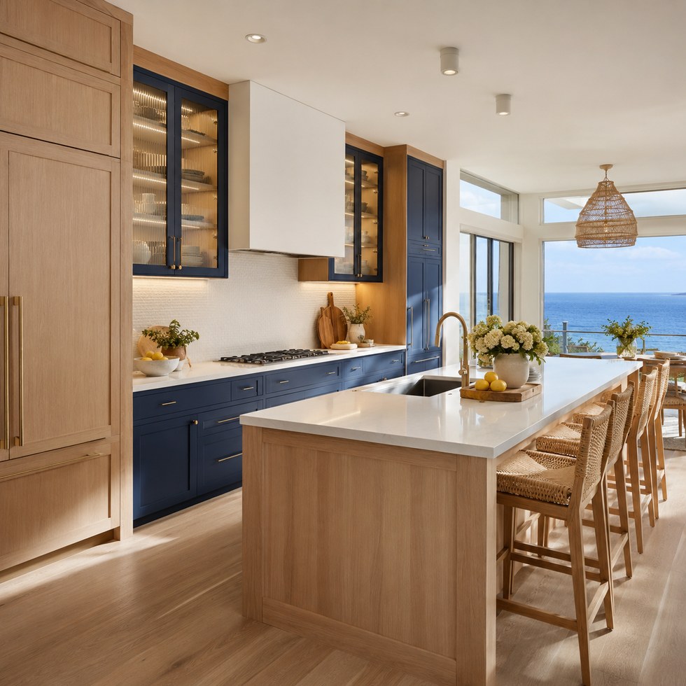 Coastal Navy Blue and Wood Tone Double Island Kitchen Cabinets