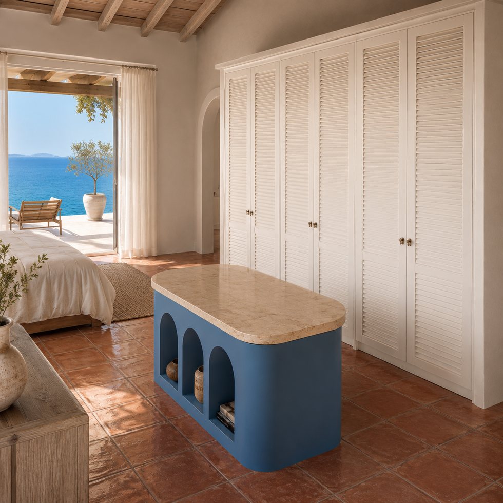 Coastal White Custom Walk-In Closet Wardrobe with Shutter Doors and Blue Arched Island