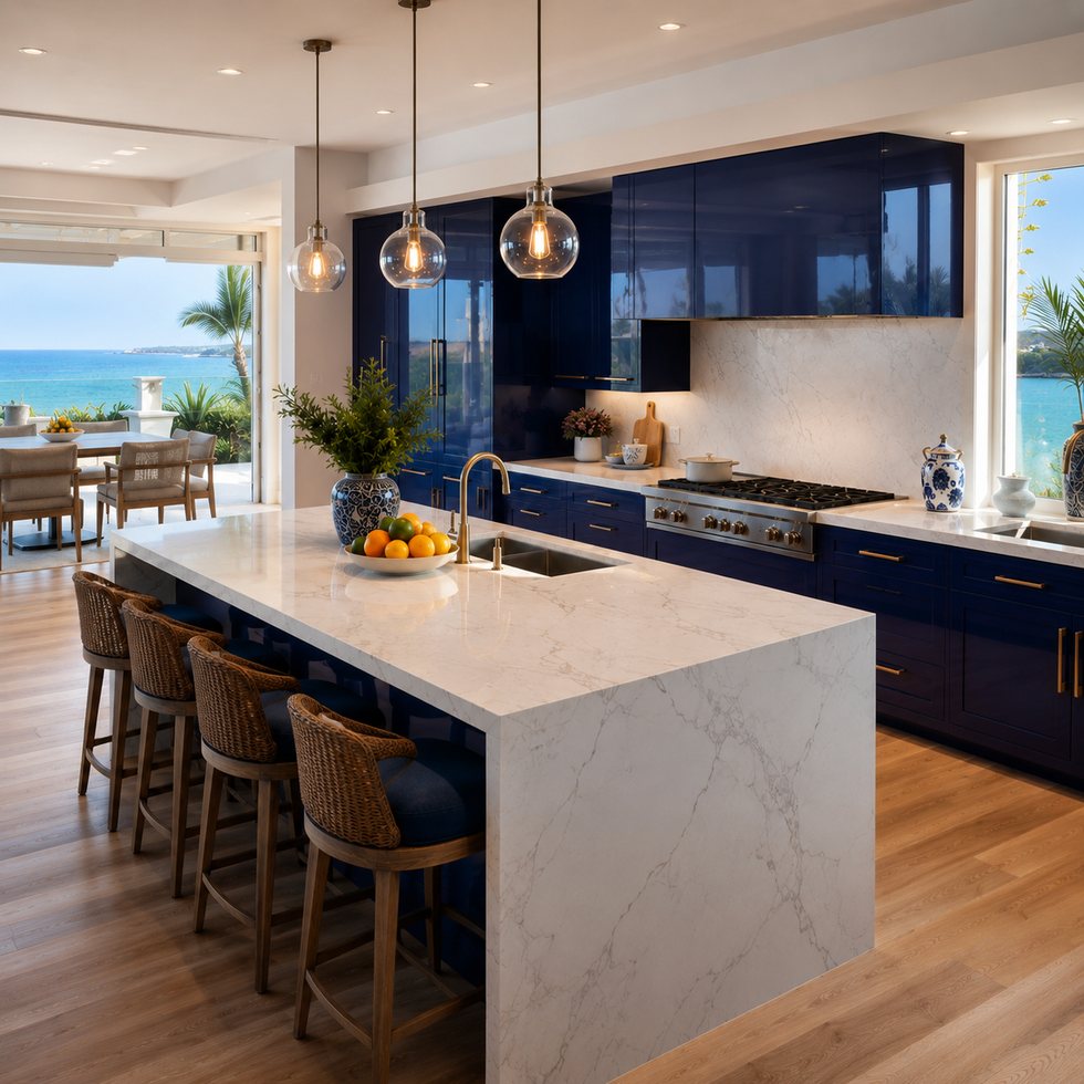 Coastline Navy Custom Kitchen Cabinets with a White Waterfall Island
