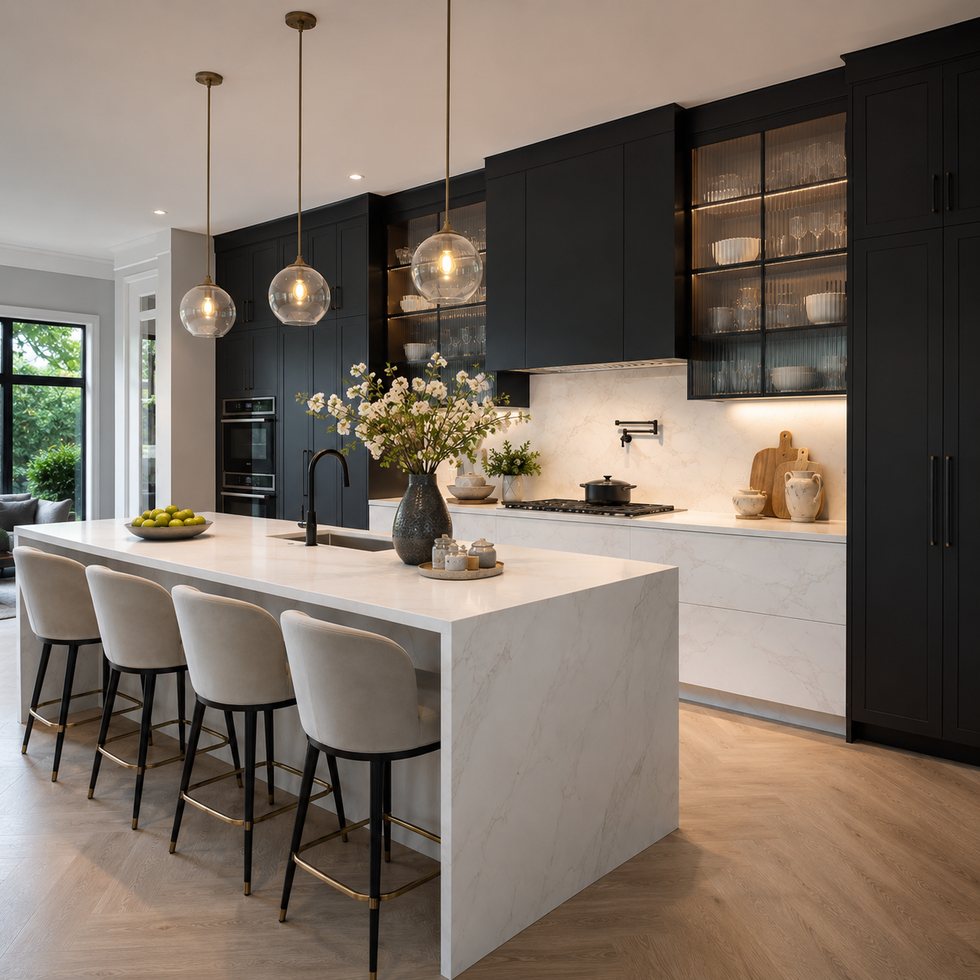 Cobalt Gallery Custom Kitchen Cabinets beside a White Waterfall Island