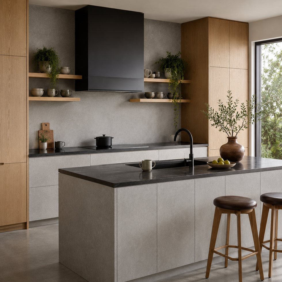 Concrete Grey Island Custom Kitchen Cabinets with Light Oak Towers and Shelf Rails