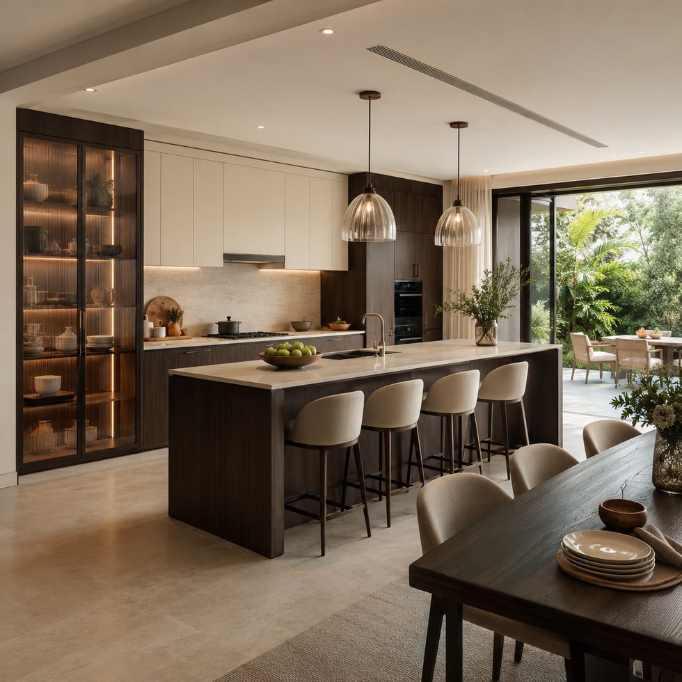 Contrast Breakfast Island Custom Kitchen Cabinets with a Tall Display Gallery