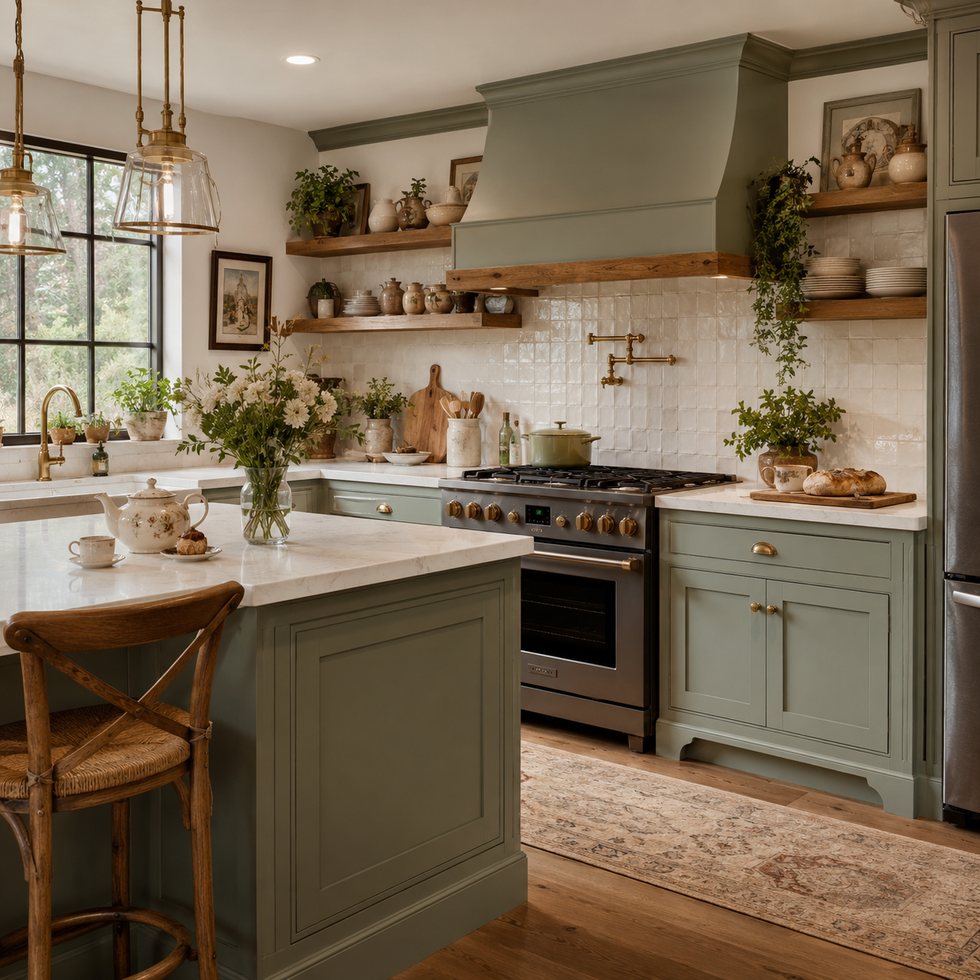 Cottage Sage Custom Kitchen Cabinets with Open Plate Shelves and Brass Details