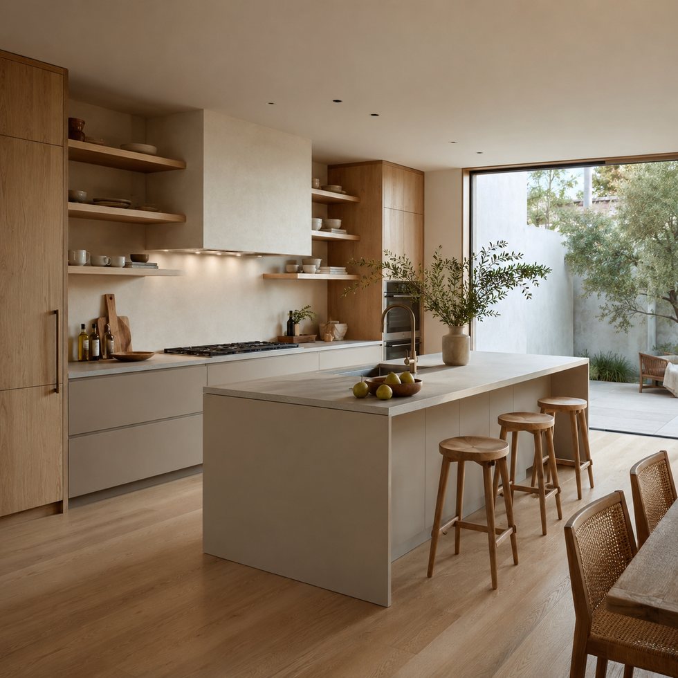 Courtyard Minimal Custom Kitchen Cabinets with a Floating Shelf Run