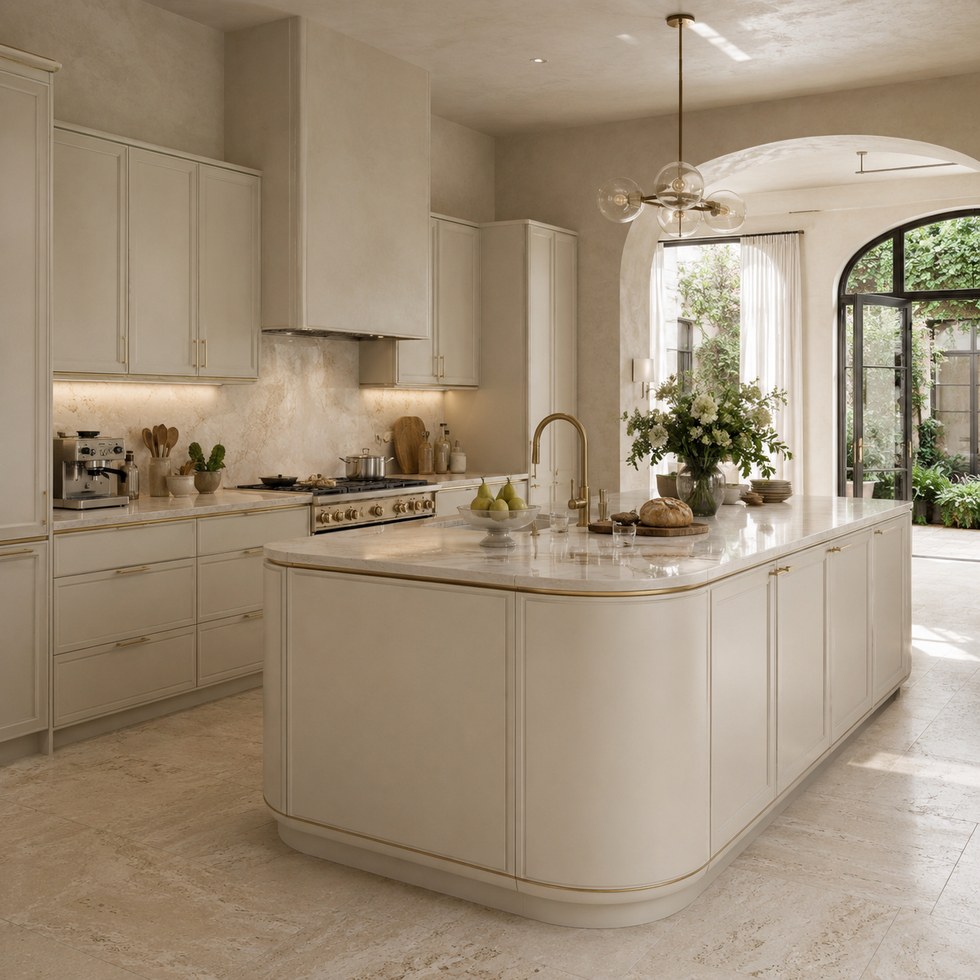 Cream Custom Kitchen Cabinets with Rounded Island and Gold Tone Handles