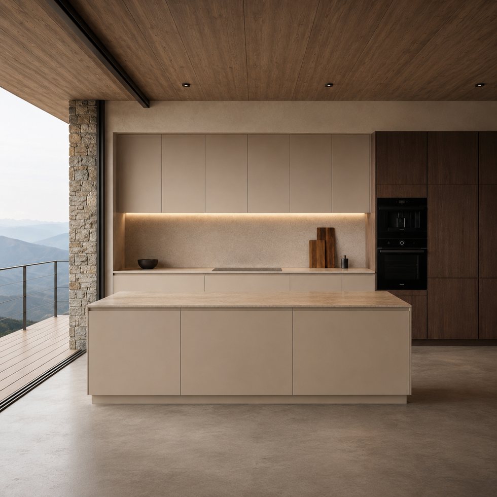 Custom Kitchen Cabinets for a Warm Minimalist Linear Island Layout