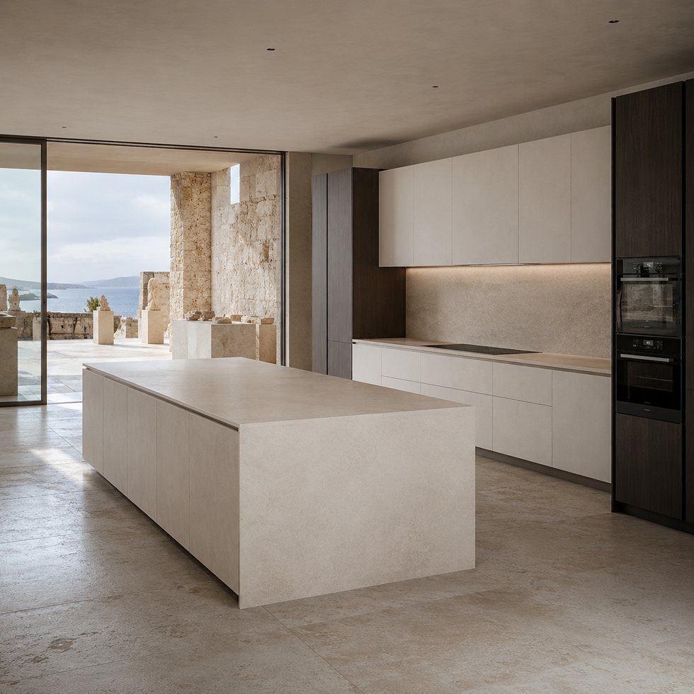 Custom Kitchen Cabinets with Architectural Island and Soft Neutral Wall Storage
