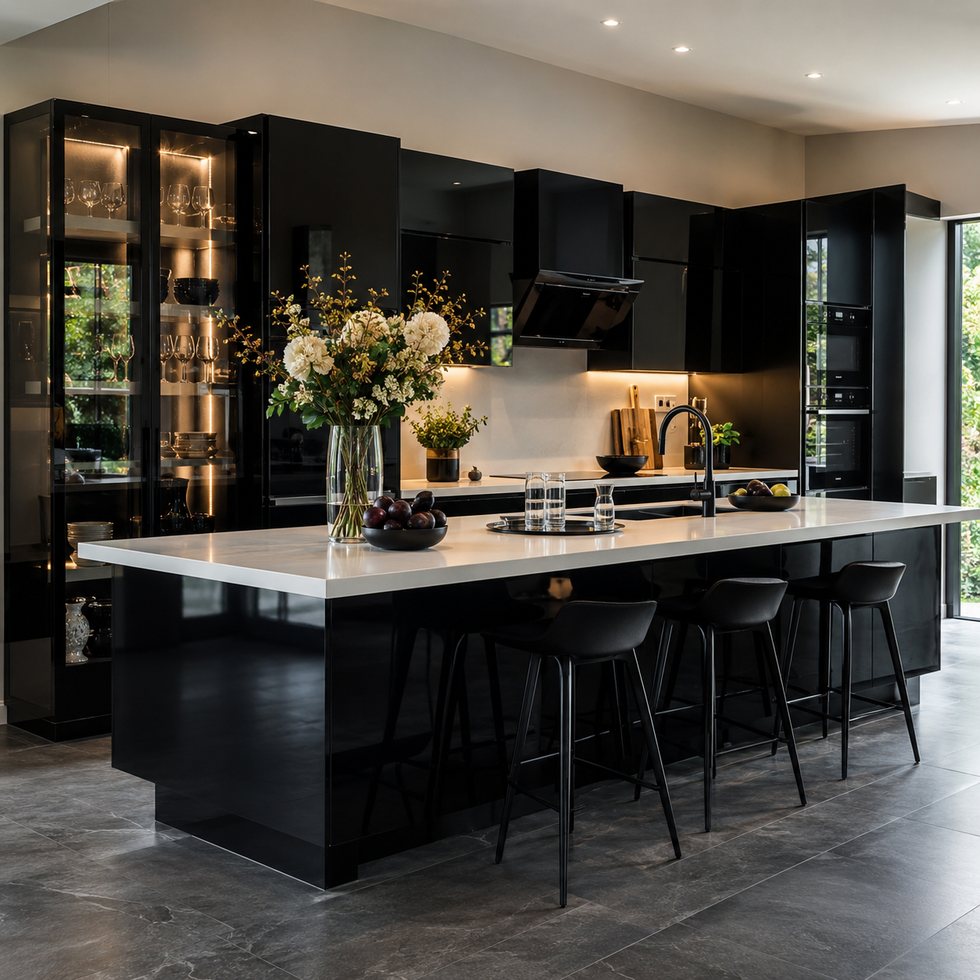Custom Kitchen Cabinets with Black Framed Display Towers and White Island