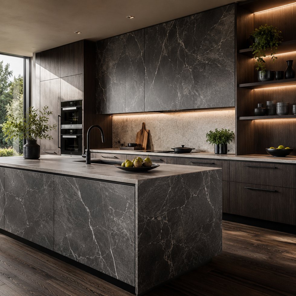 Custom Kitchen Cabinets with Black Stone-Look Island and Amber Display Shelves