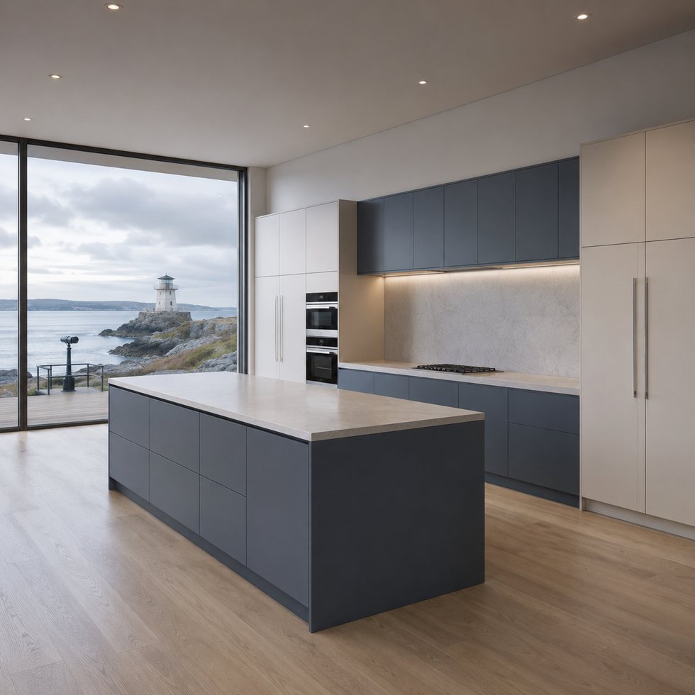 Custom Kitchen Cabinets with Blue-Gray Island and Coastal Window View