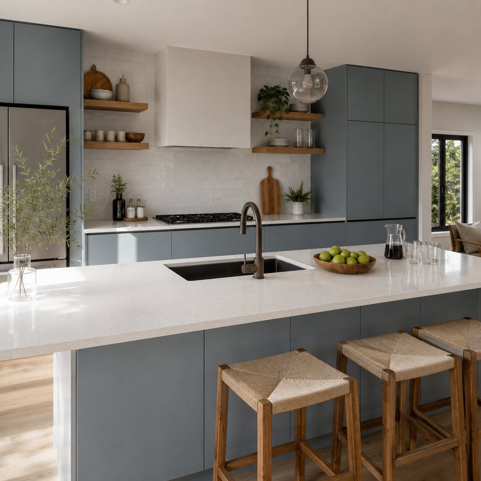 Custom Kitchen Cabinets with Blue Grey Base Units and White Worktop