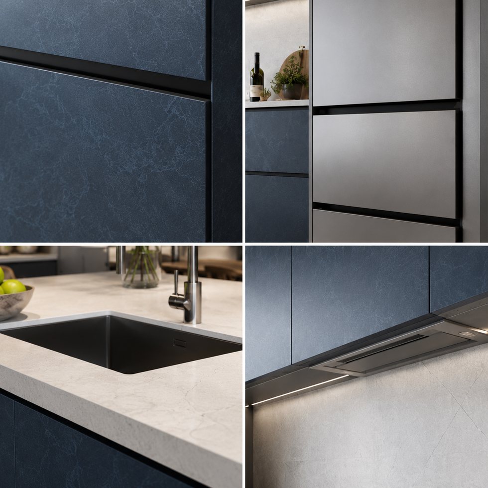 Custom Kitchen Cabinets with Blue Panel Details and Black Sink Zone