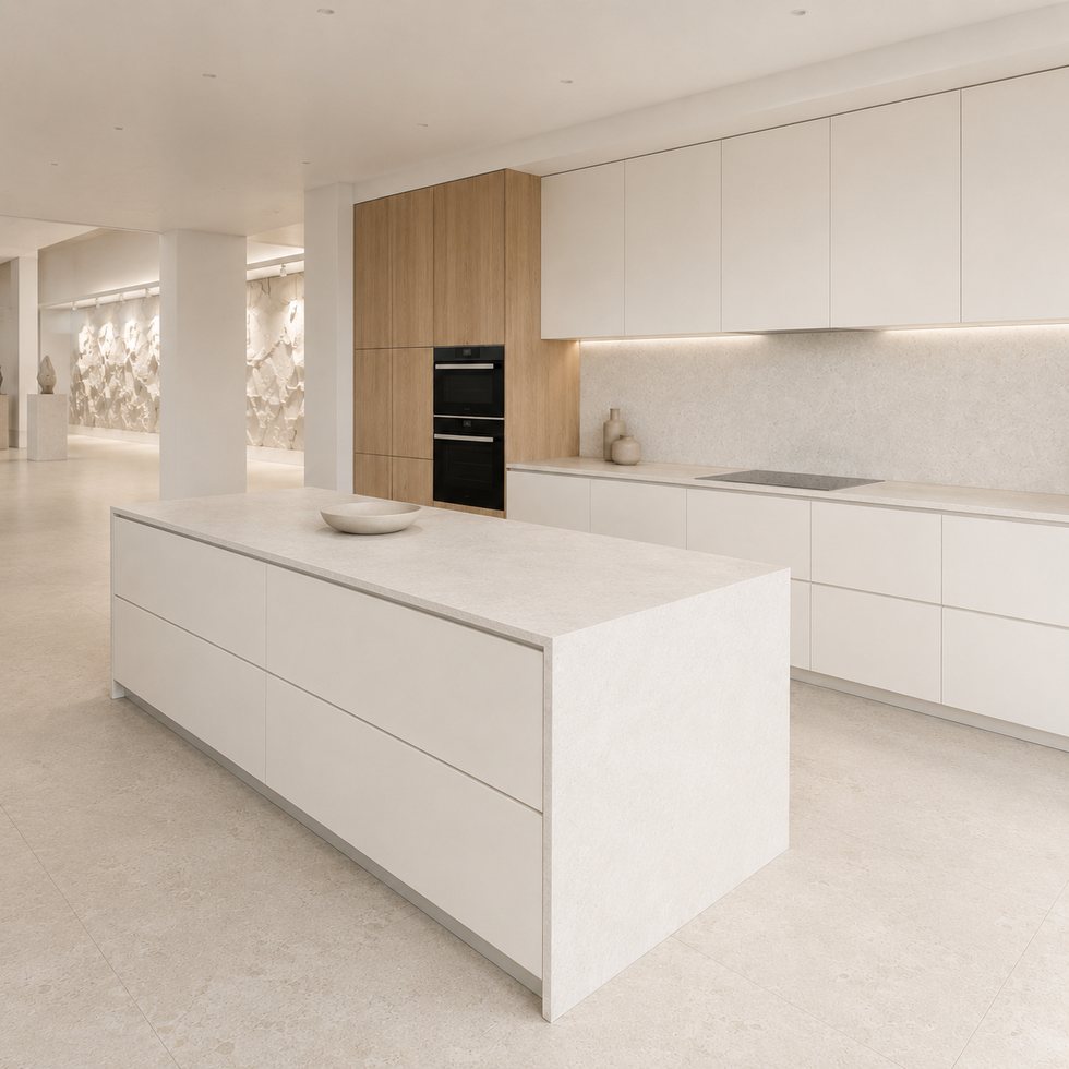 Custom Kitchen Cabinets with Bright Minimal Island and Pale Wood Accent