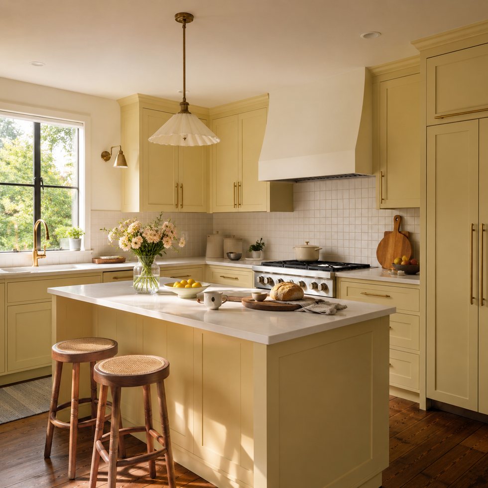 Custom Kitchen Cabinets with Butter Yellow Island and Classic Range Wall