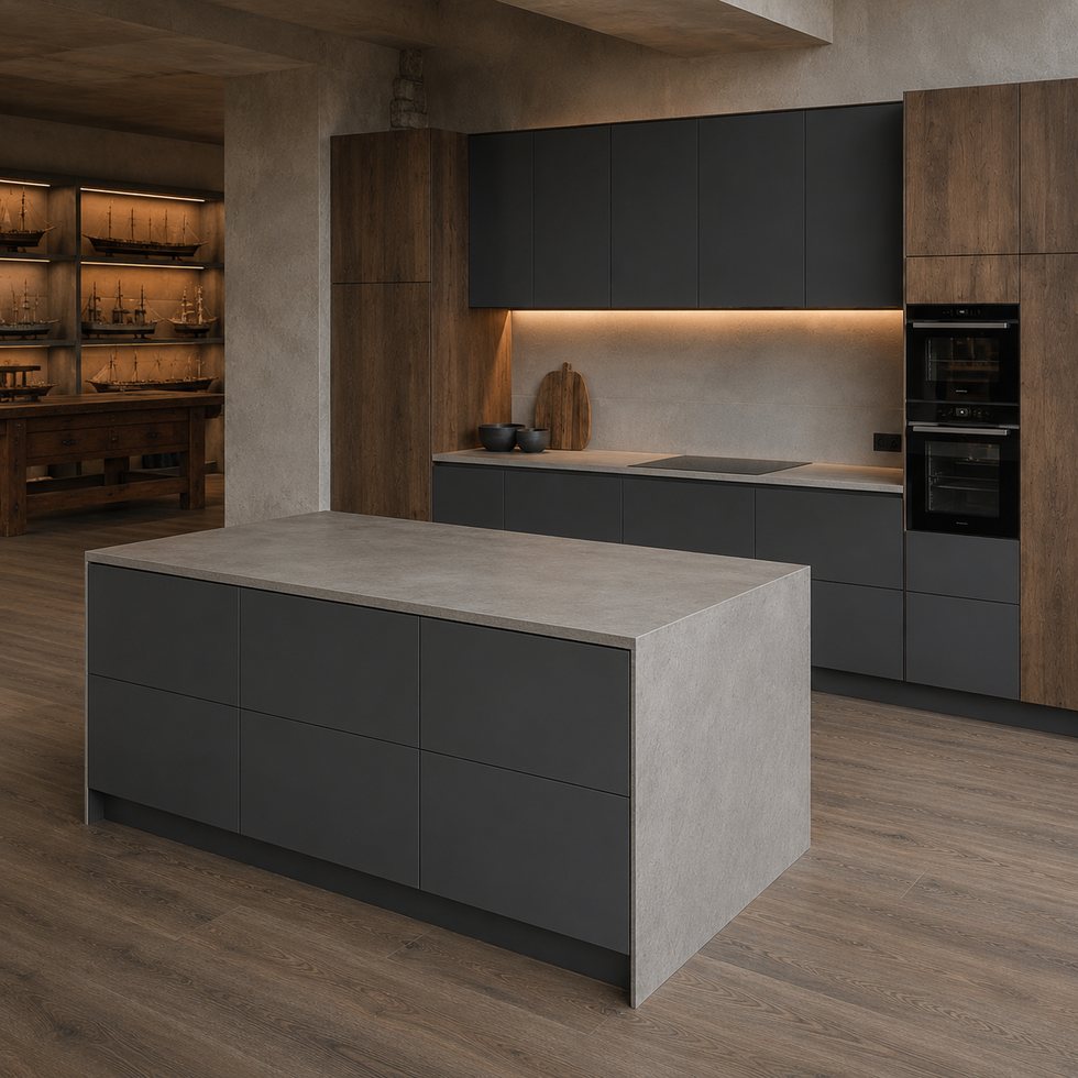 Custom Kitchen Cabinets with Charcoal Base Units and Wood-Framed Island