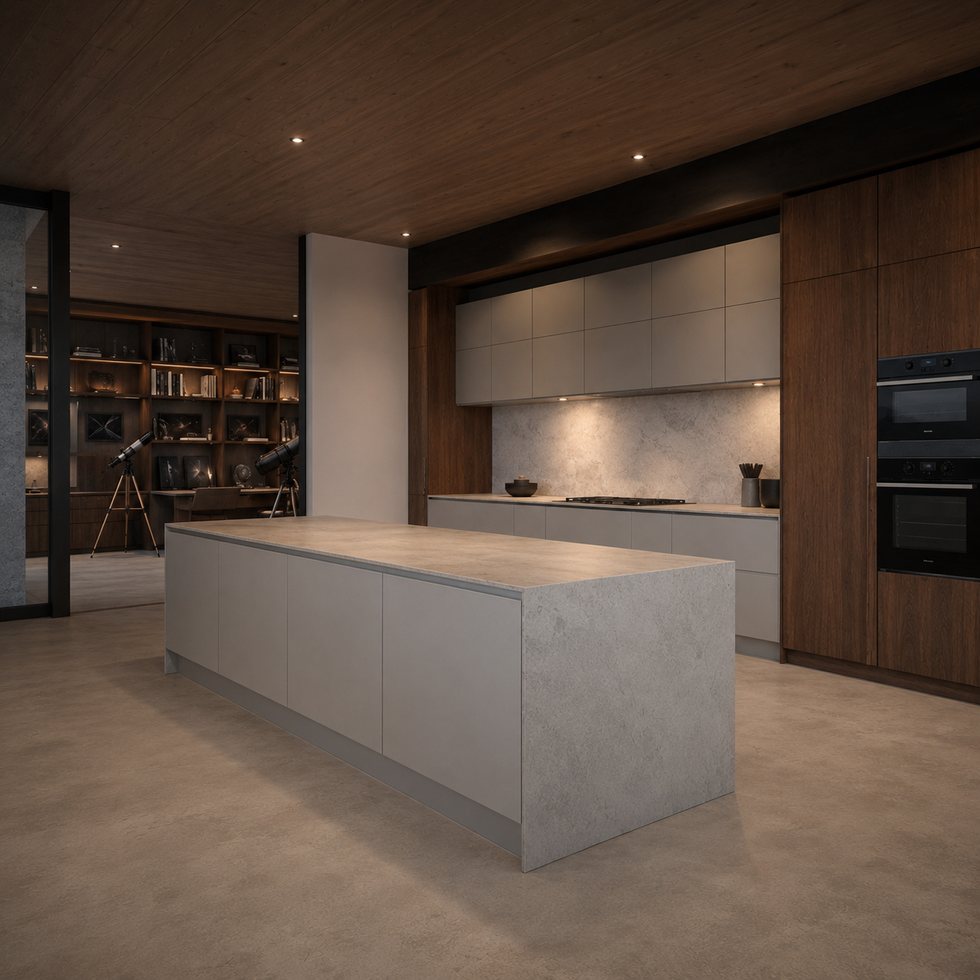 Custom Kitchen Cabinets with Charcoal Ceiling, Stone-Look Island and Library Shelving