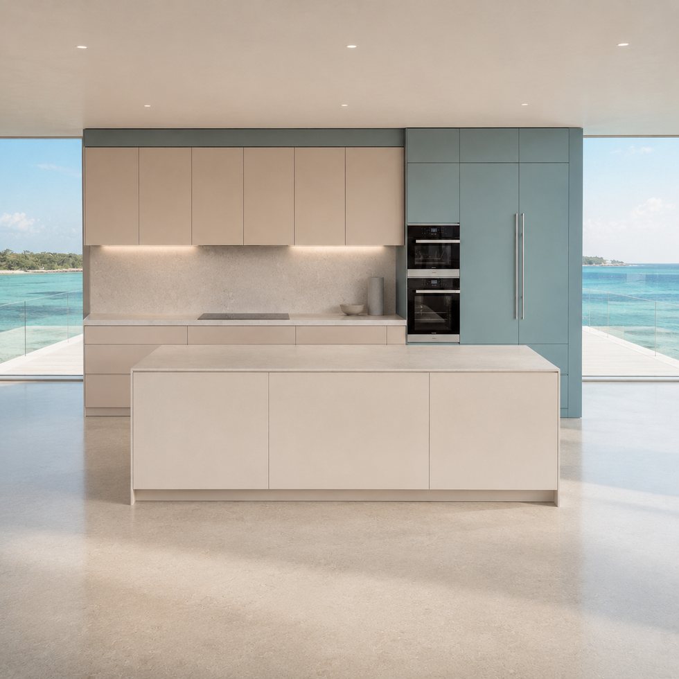Custom Kitchen Cabinets with Coastal Blue Accent and Floating Wall Units