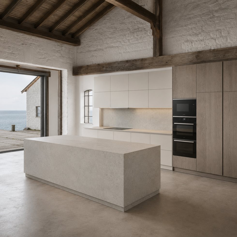 Custom Kitchen Cabinets with Coastal Gray Island and Integrated Appliance Wall