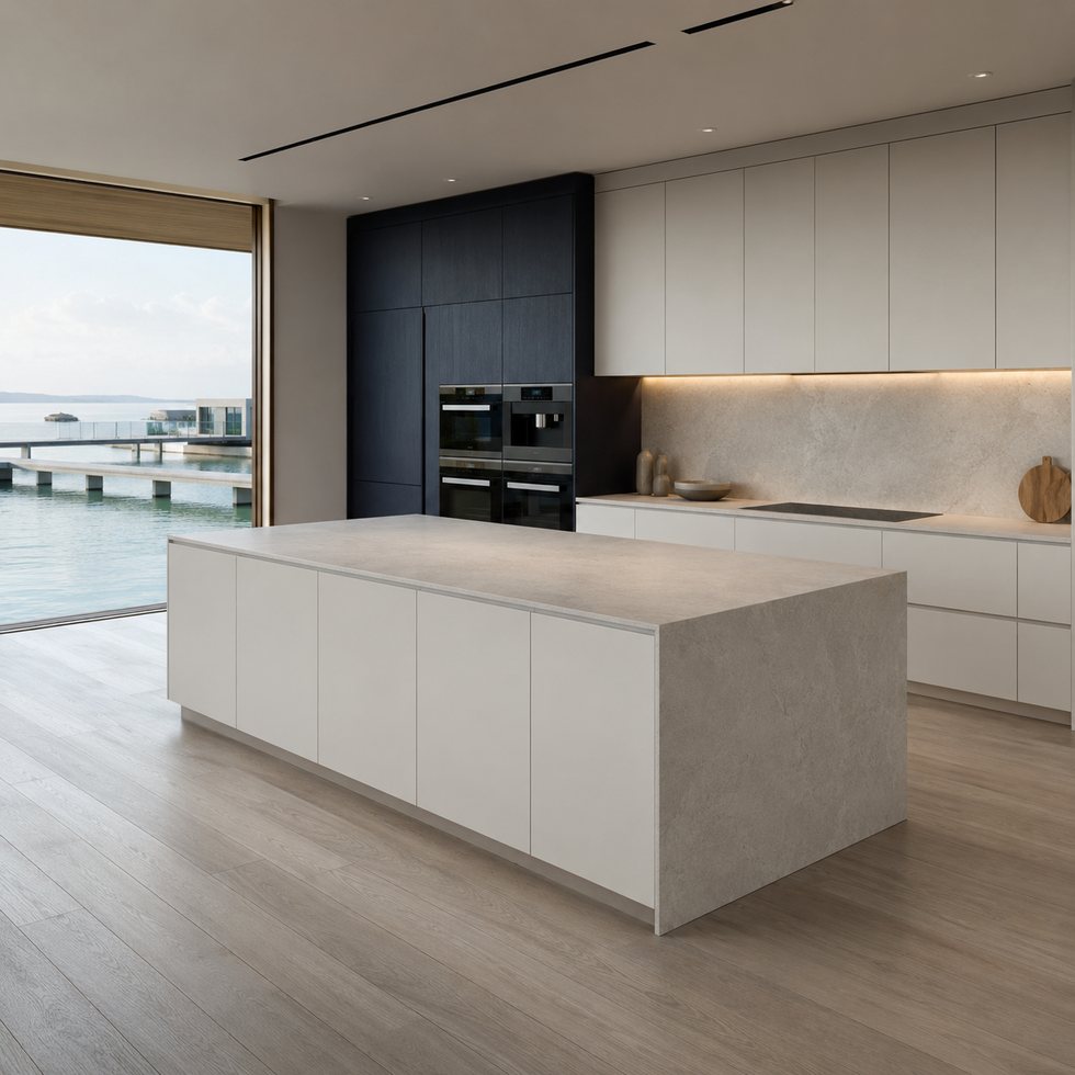 Custom Kitchen Cabinets with Coastal View Island and Dark Appliance Niche