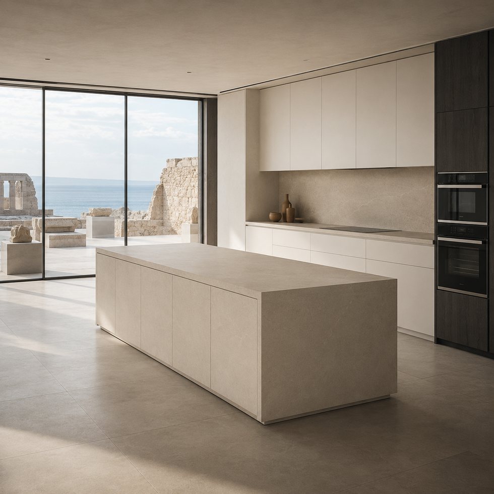 Custom Kitchen Cabinets with Coastal View Island and Dark Appliance Tower