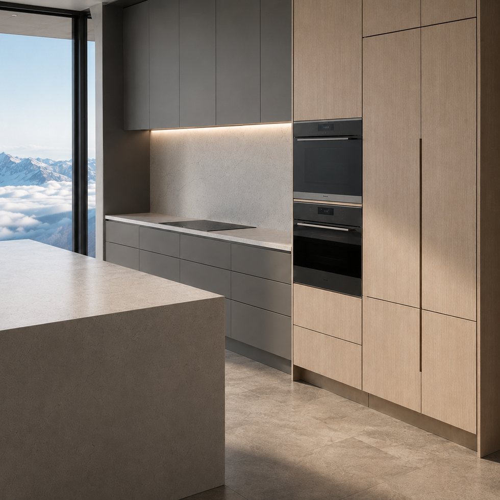 Custom Kitchen Cabinets with Compact L-Shape Layout and Appliance Tower