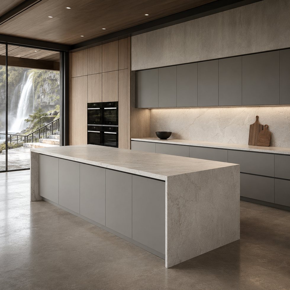 Custom Kitchen Cabinets with Concrete-Look Waterfall Island and Clay Gray Wall