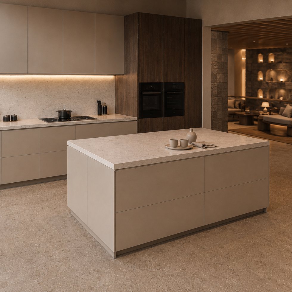 Custom Kitchen Cabinets with Cream Island and Walnut Display Lounge