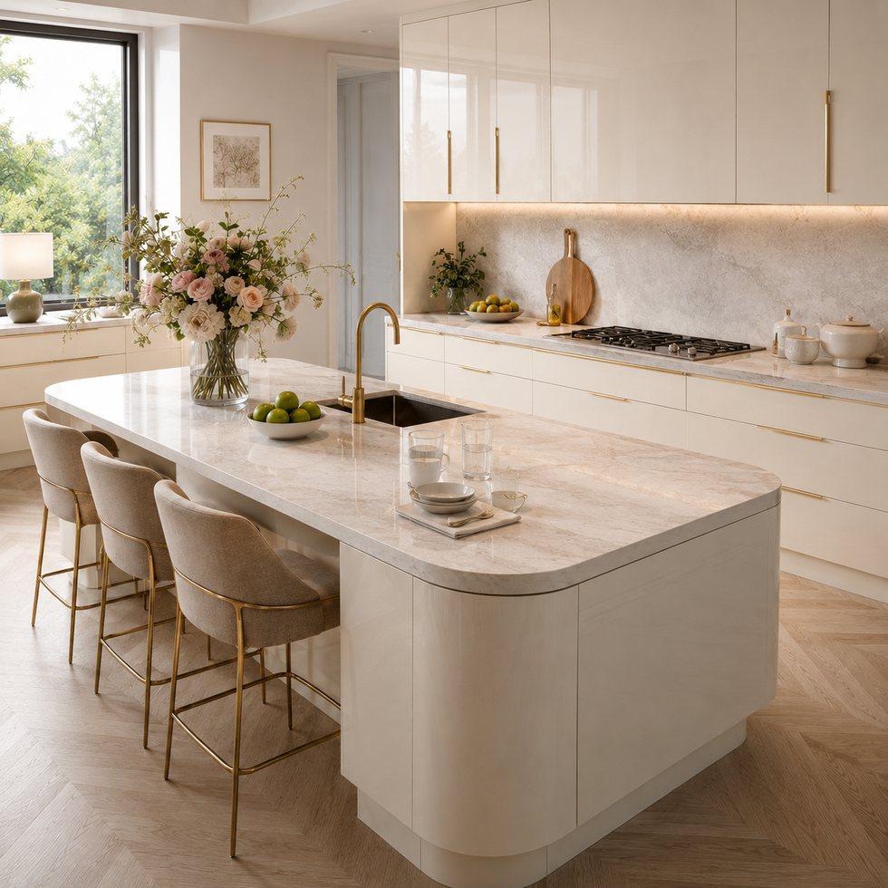 Custom Kitchen Cabinets with Curved Ivory Island and Brass Accents
